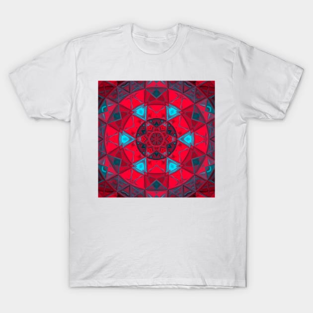 Mosaic Kaleidoscope Flower Red and Blue T-Shirt by WormholeOrbital